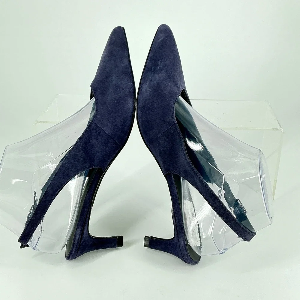 Seychelles Size 7 Navy Blue Suede Slingback Kitten Heels Pointed Toe Candlelight